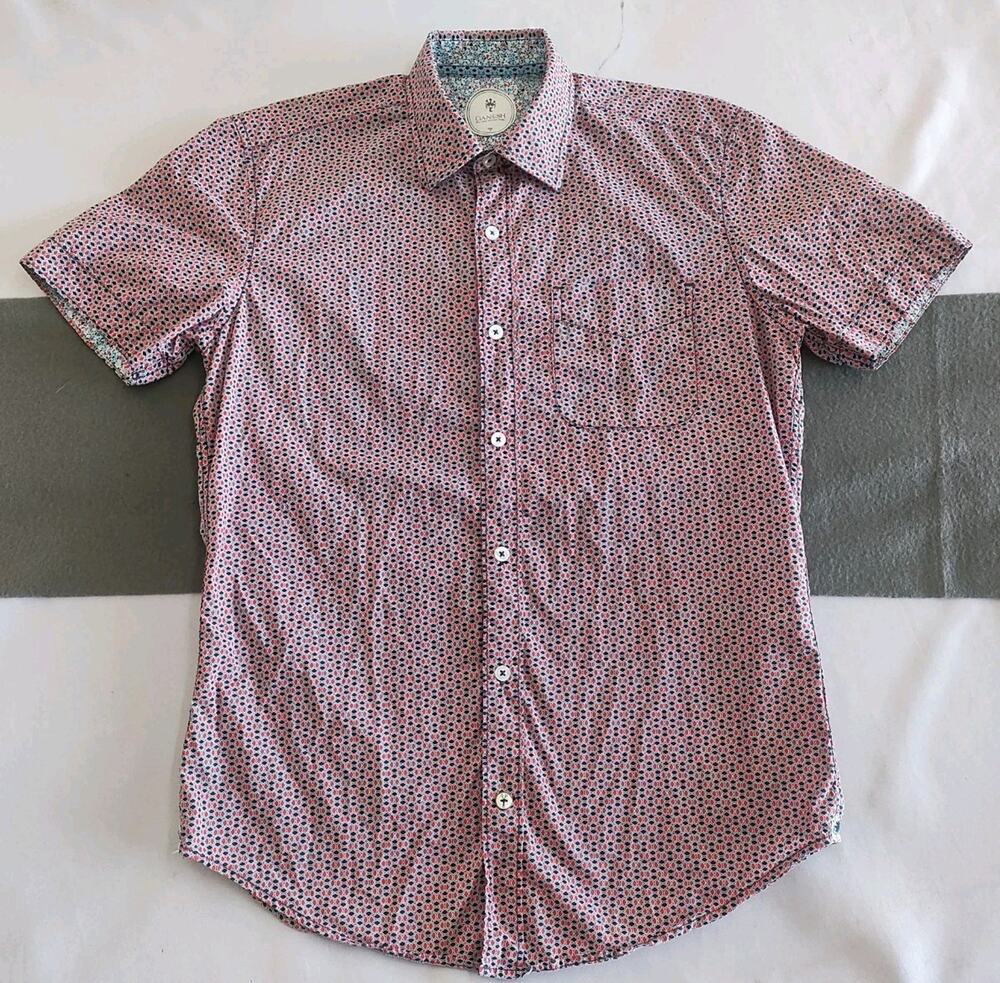 GANESH Mens Shirt Sz S Red Paisley Pattern Cotton Short Sleeve Italian Style